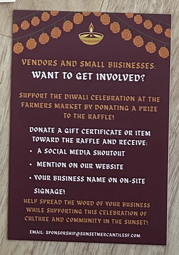 Diwali at the Farmers Market: call for raffle donations flier